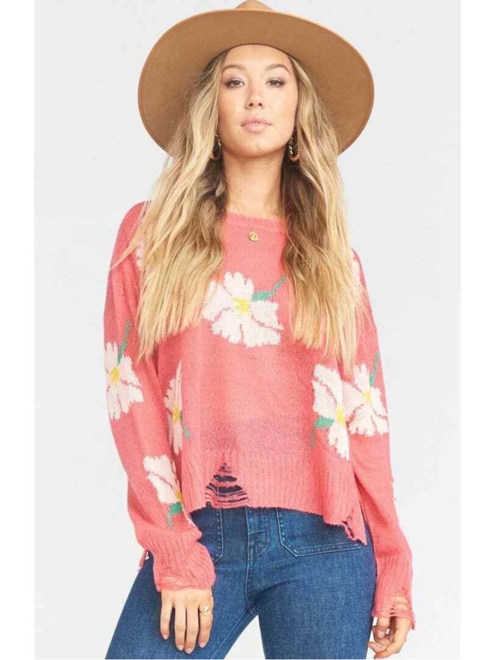 Show Me Your MuMu Coral Pink Floral Distressed Crewneck Sweater Size medium
